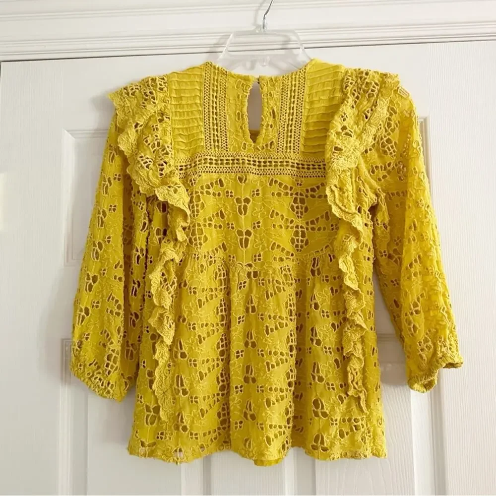 Anthropologie Yellow Clementine Blouse Eyelet Ruffle Puff Sleeve Top Shirt Sz 0